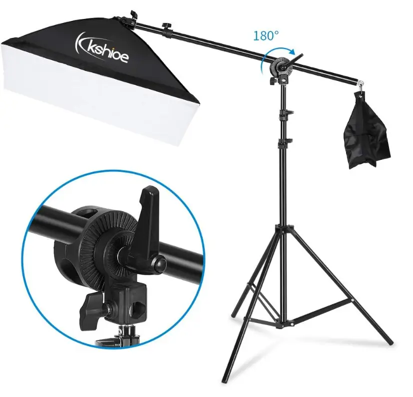 Kshioe softbox mounted on a boom arm with a counterweight bag and a close-up of the 180-degree tilting clamp