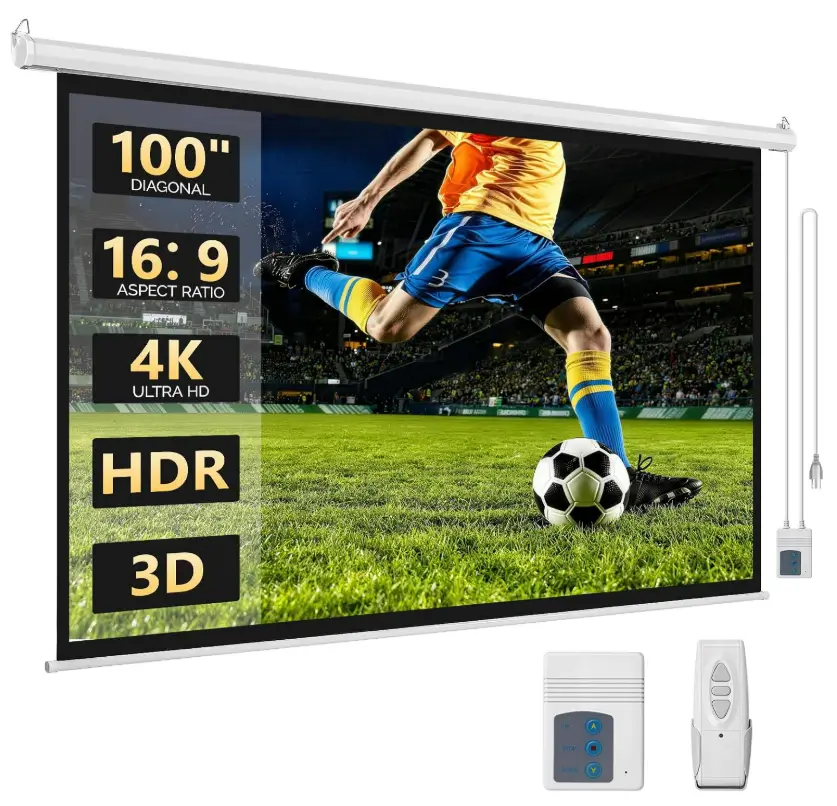 Motorized Projector Screen with Remote Control, No Wrinkles, Without Dents, HD Screen, for Home Theater Office Classroom TV Usage (100in 16:9)