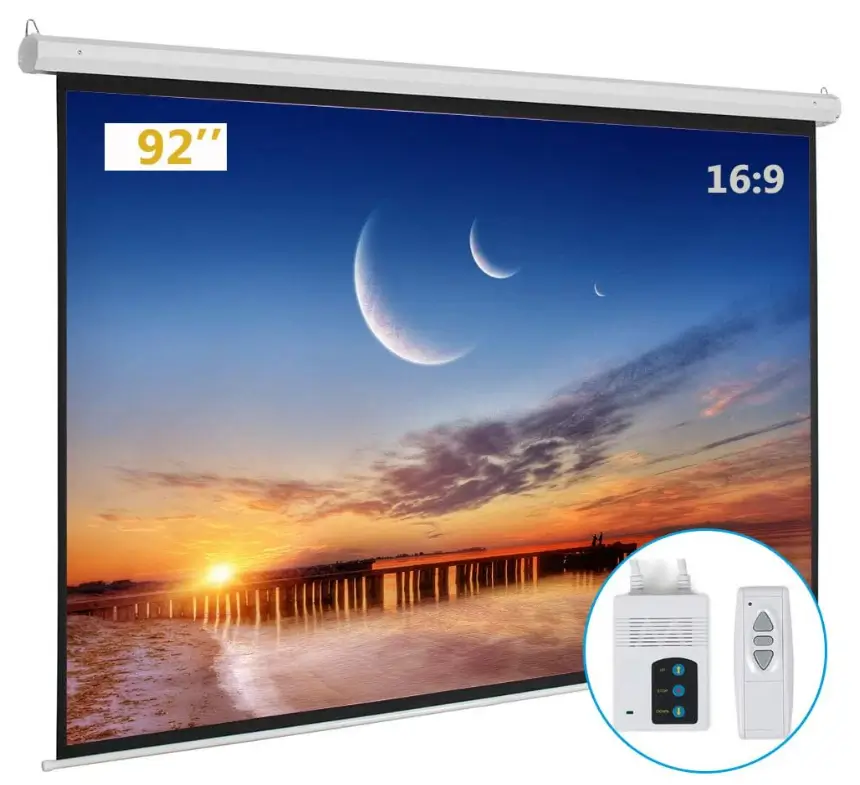 Motorized Projector Screen with Remote Control, No Wrinkles, Without Dents, HD Screen, for Home Theater Office Classroom TV Usage (92inch 16:9)